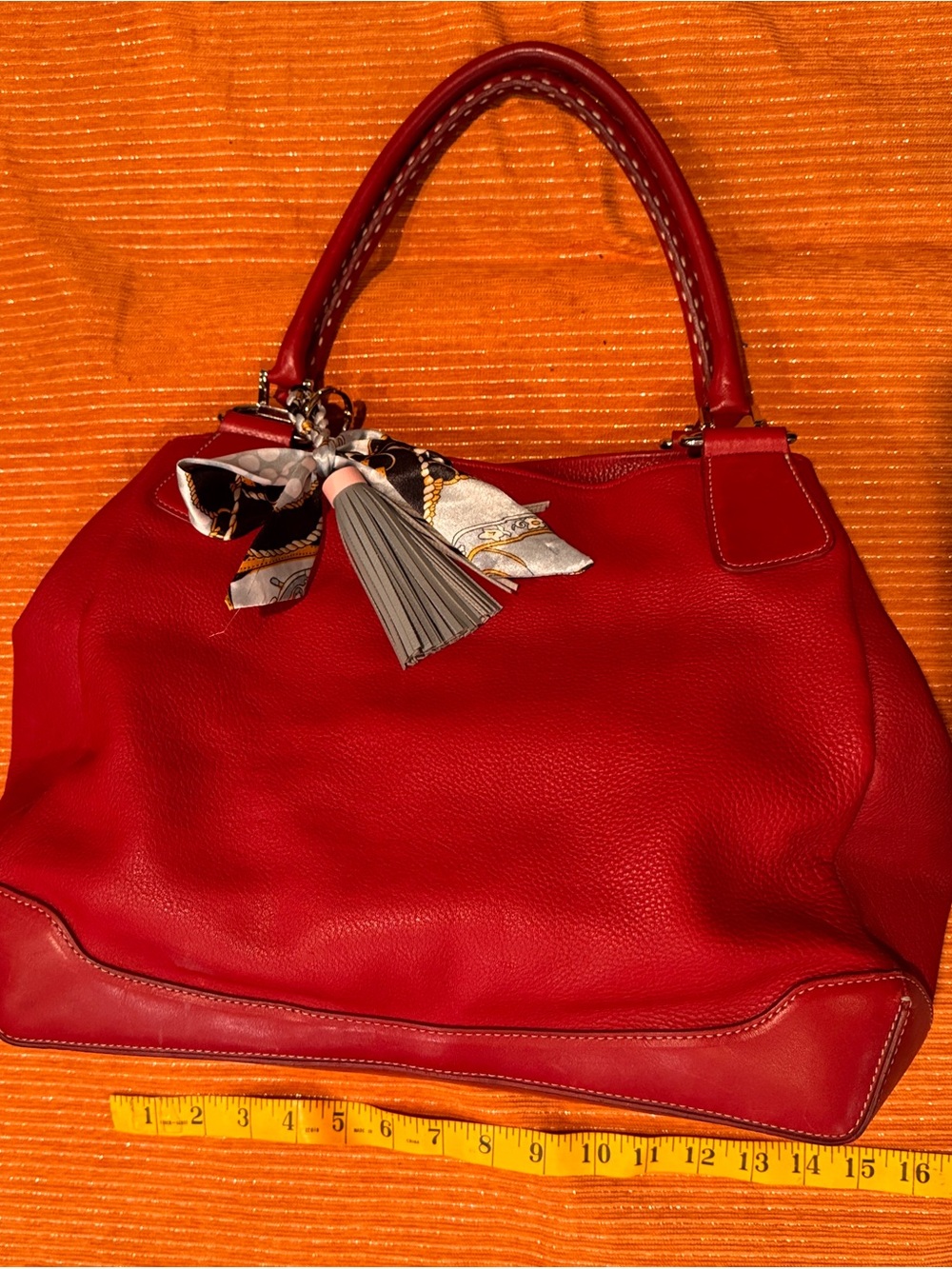 ANTONIO MELANI Red Leather Tote with free Scarf & Tassel Accent